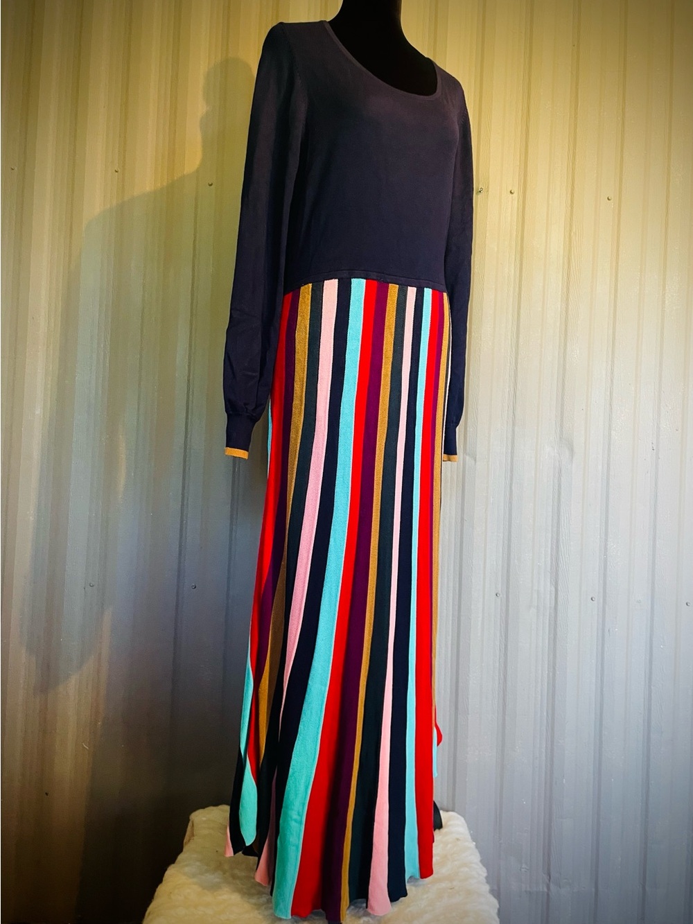 Boden Margie Sweater Dress Navy Rainbow Maxi Fit & Flare Long Sleeve SOFT! sz 12 - Picture 3 of 11